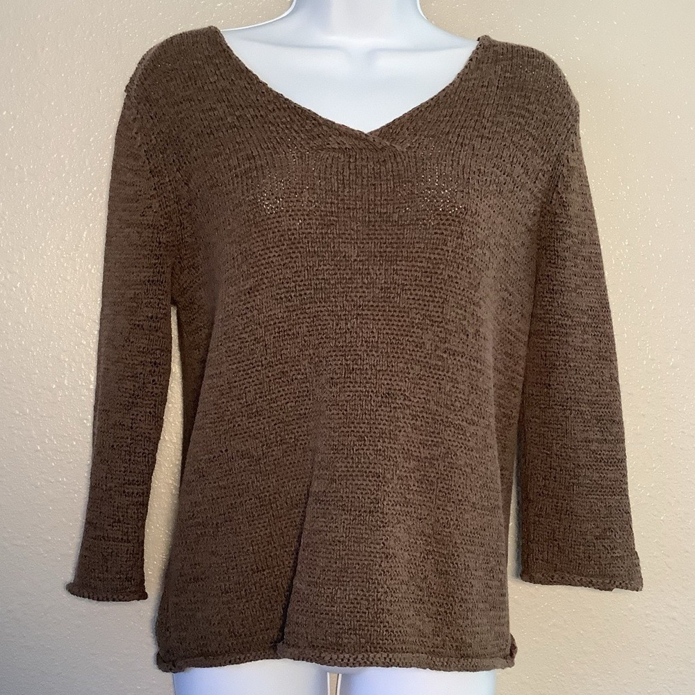 J. Jill Chocolate Brown Pullover Sweater S Earthy Boho Cotton Blend Knit V-Neck